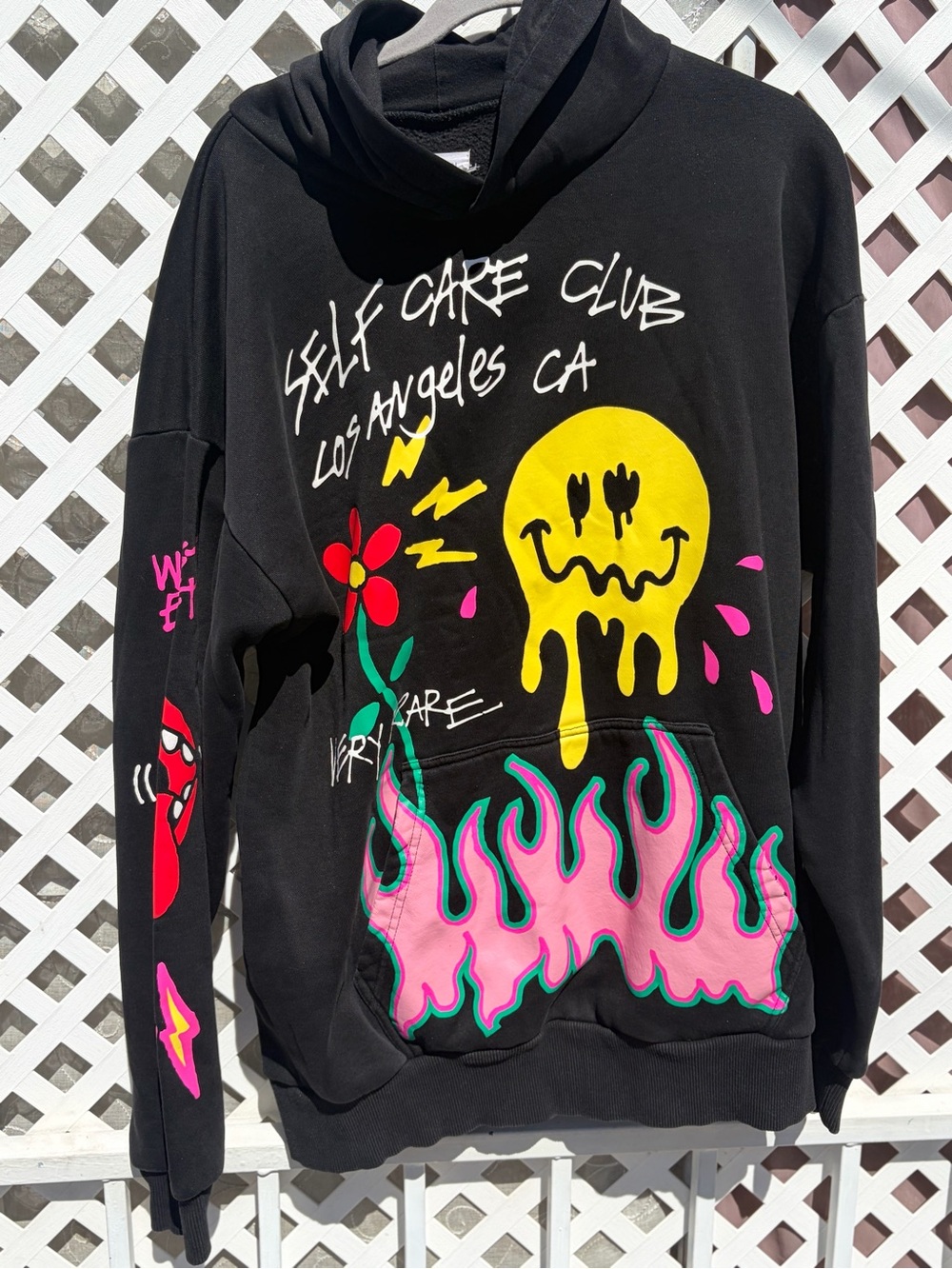 PacSun Black Crewneck Hoodie with Neon Drip Smile & Flame Art